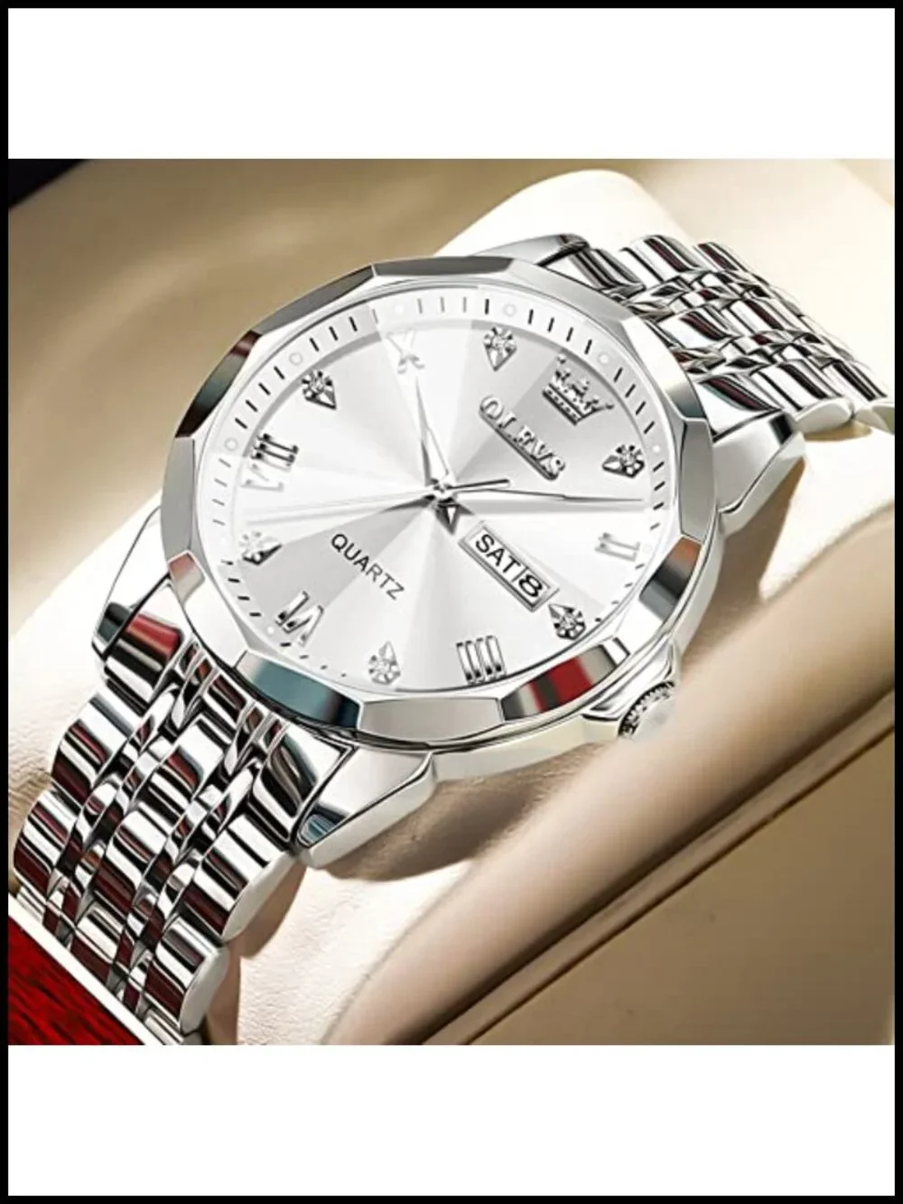 Men's Diamond Roman Numeral Dress Watch Stainless Steel Waterproof Luminous